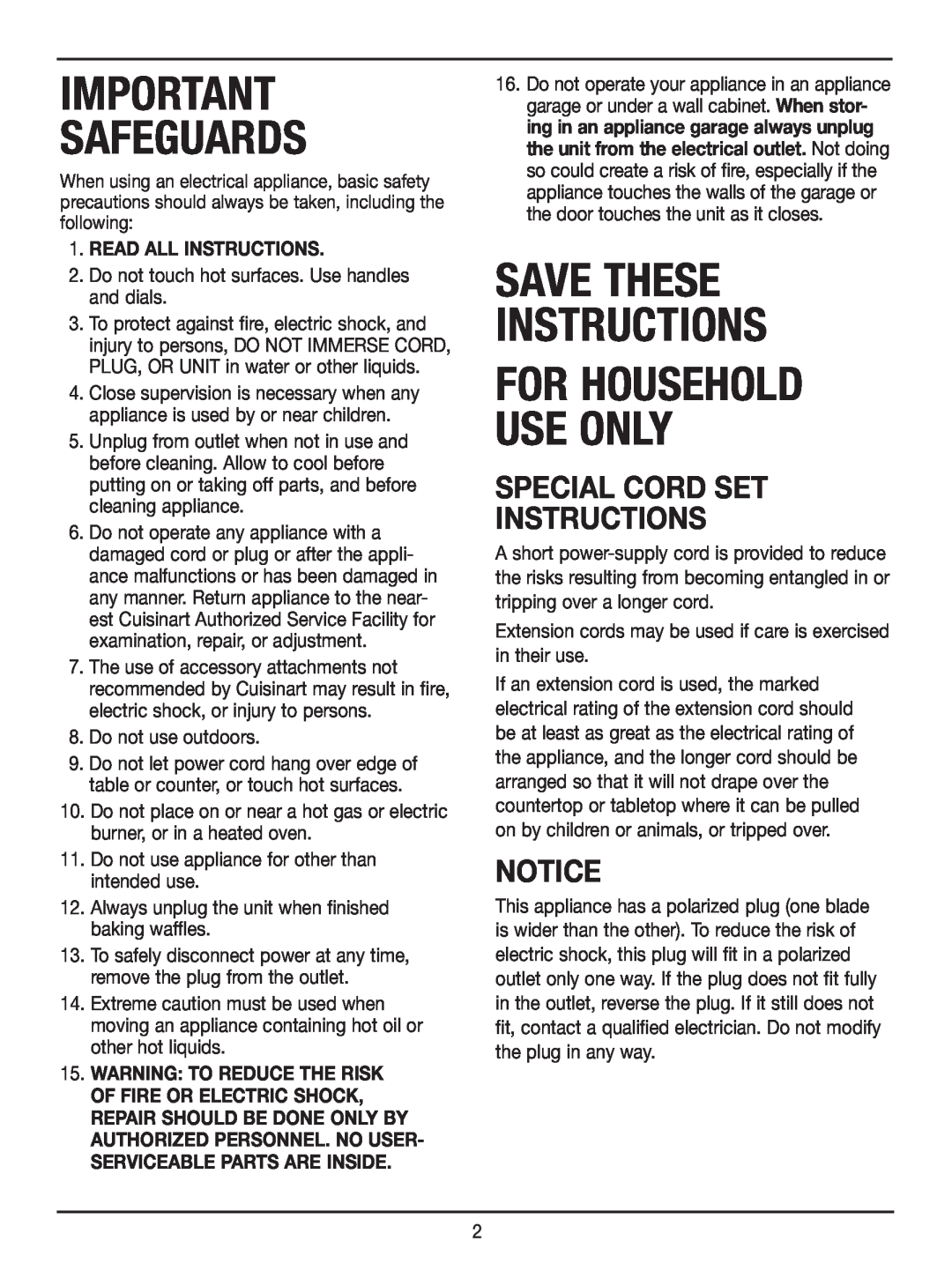 Cuisinart WAF-2OO manual For Household Use Only, Special Cord Set Instructions, Safeguards, Save These Instructions 