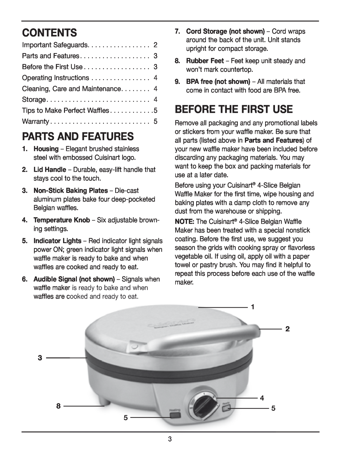 Cuisinart WAF-2OO manual Contents, Parts And Features, Before The First Use 