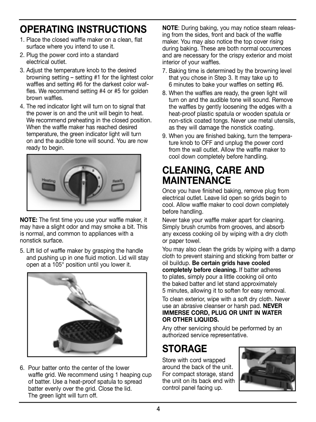 Cuisinart WAF-2OO manual Cleaning, Care and Maintenance, Storage, Operating Instructions 