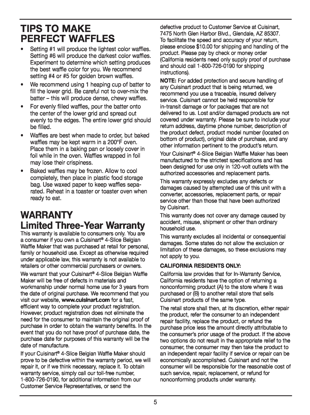 Cuisinart WAF-2OO manual Tips To Make Perfect Waffles, Limited Three-YearWarranty 