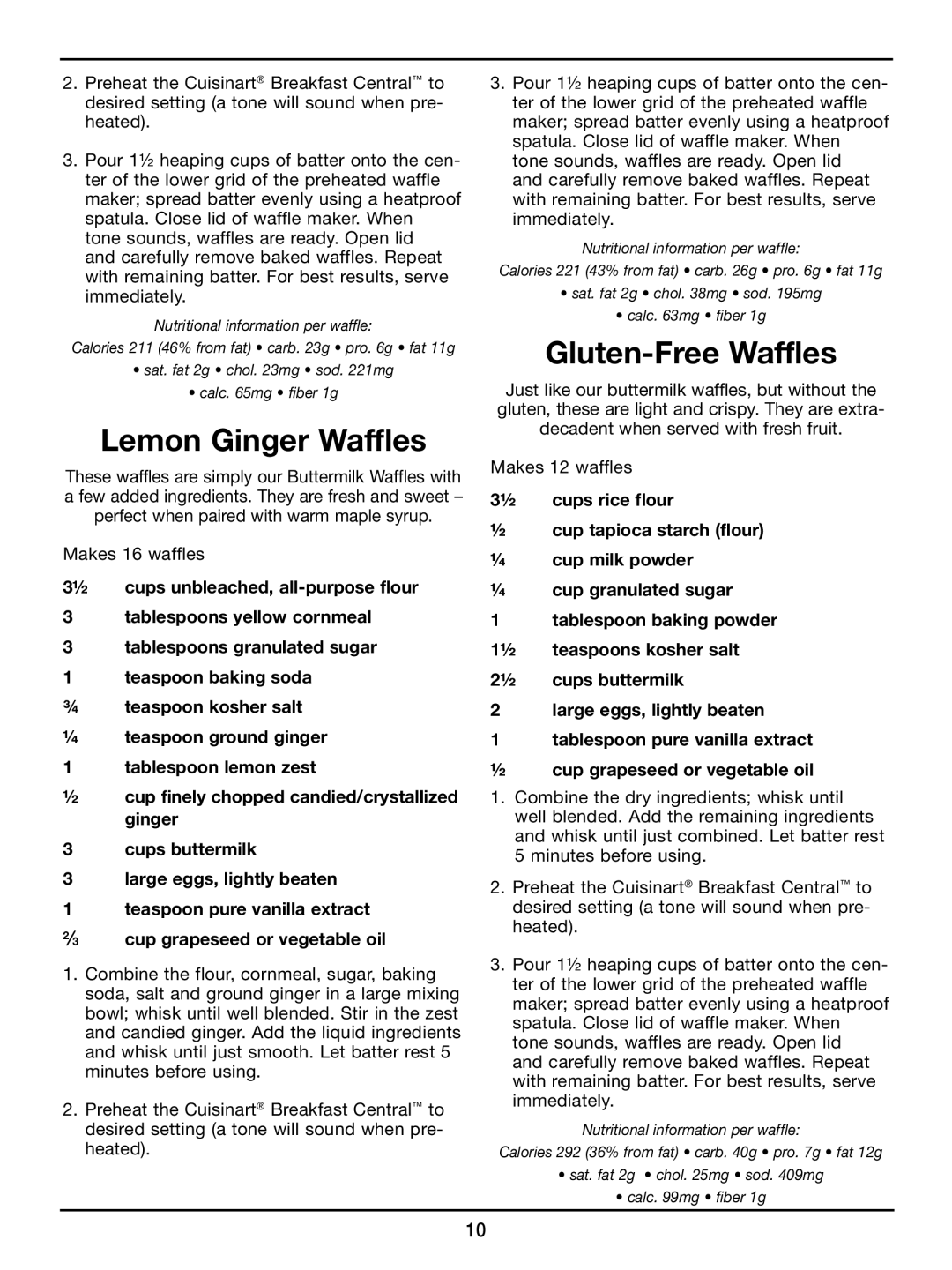 Cuisinart WAF-300 manual Lemon Ginger Waffles, Gluten-Free Waffles 