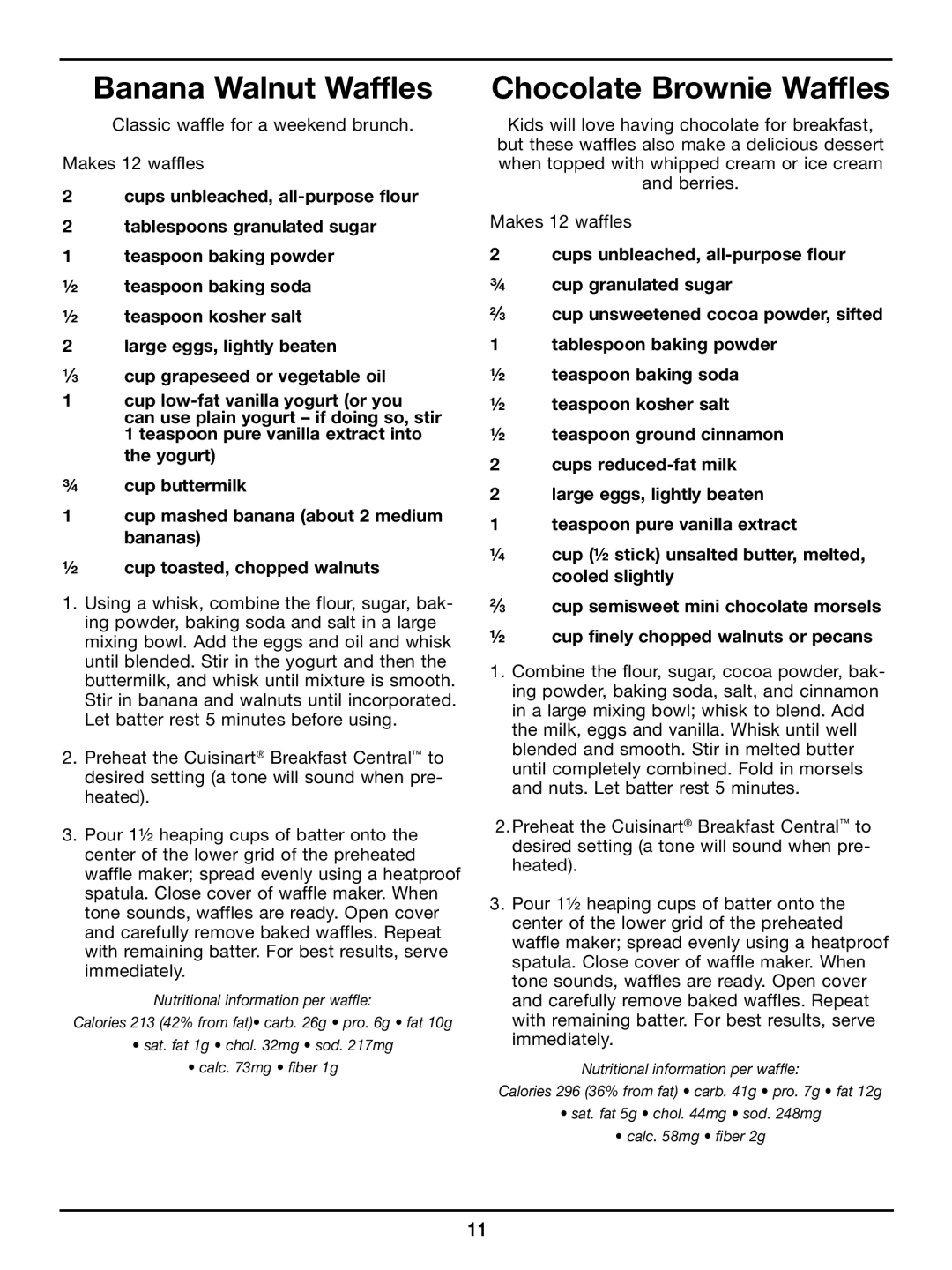 Cuisinart WAF-300 manual Banana Walnut Waffles, Chocolate Brownie Waffles 