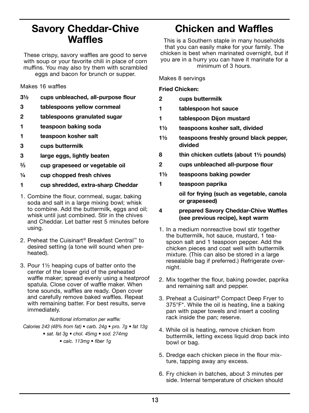 Cuisinart WAF-300 manual Savory Cheddar-Chive Waffles, Chicken and Waffles 