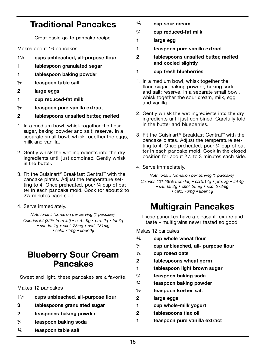 Cuisinart WAF-300 manual Traditional Pancakes, Blueberry Sour Cream Pancakes, Multigrain Pancakes 