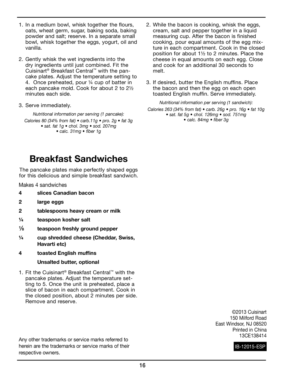 Cuisinart WAF-300 manual Breakfast Sandwiches 