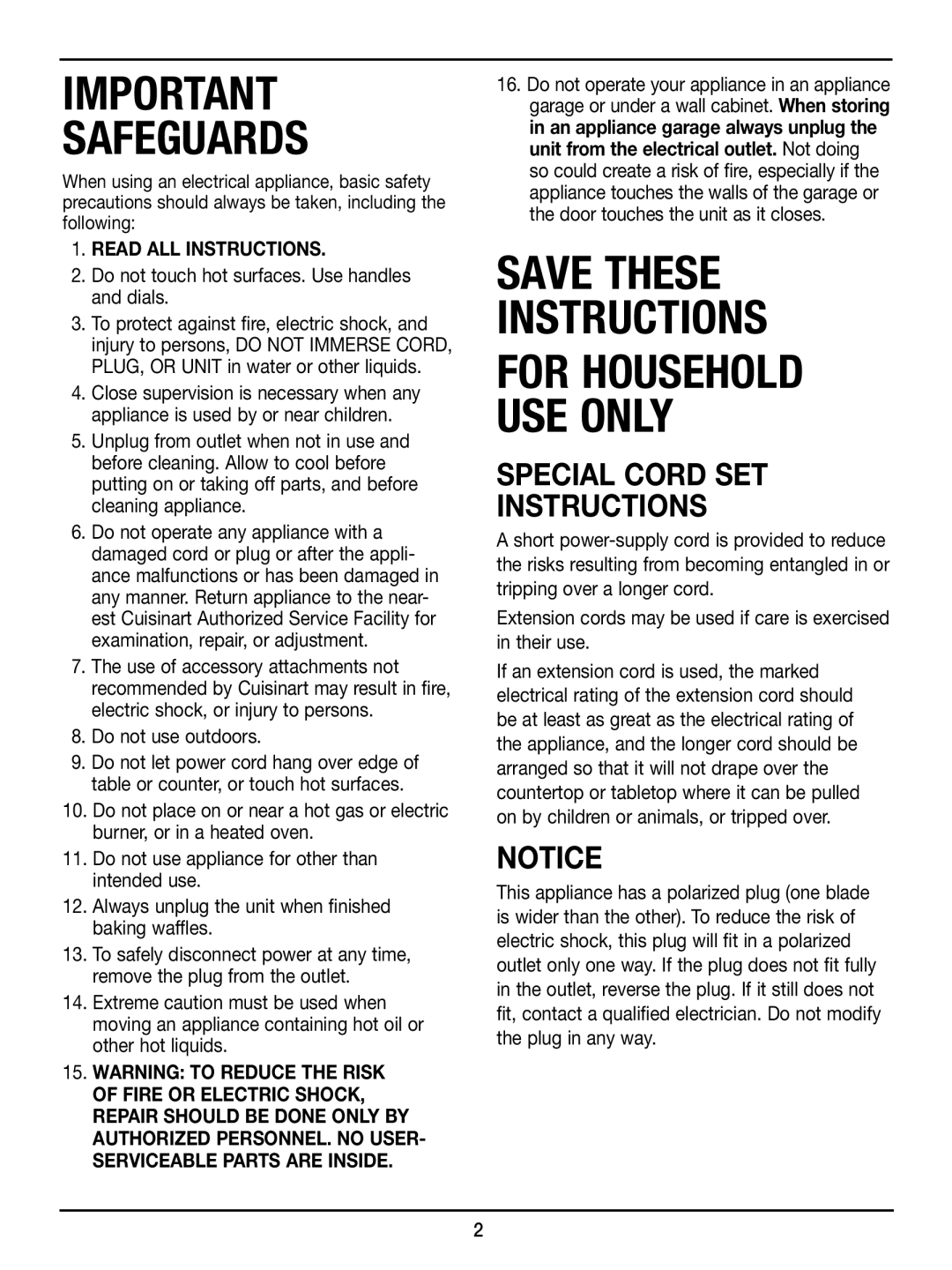 Cuisinart WAF-300 manual Safeguards, Special Cord SET Instructions 