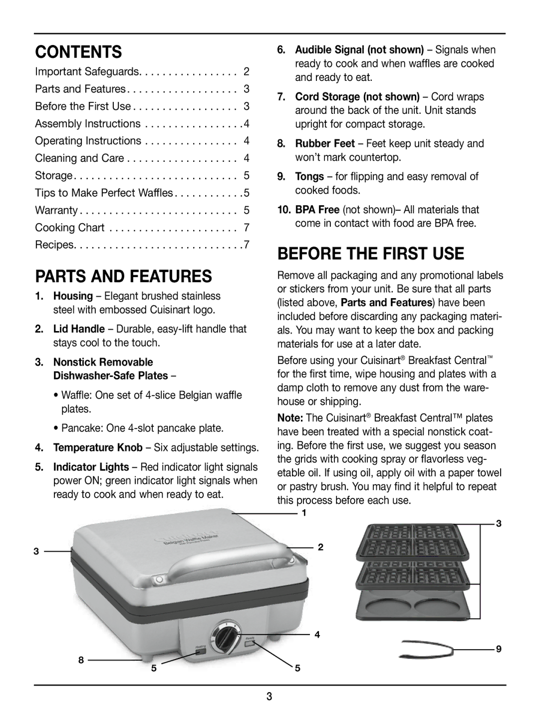 Cuisinart WAF-300 manual Contents, Before the First USE Parts and Features 