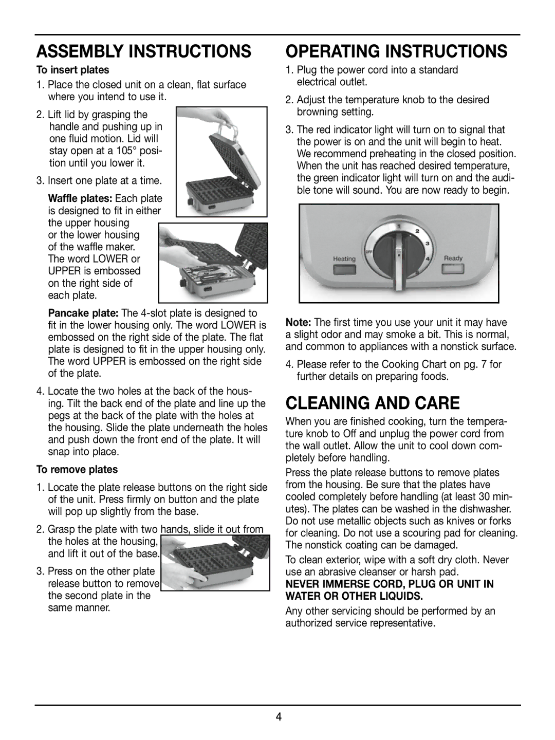 Cuisinart WAF-300 manual Assembly Instructions, Operating Instructions, Cleaning and Care 