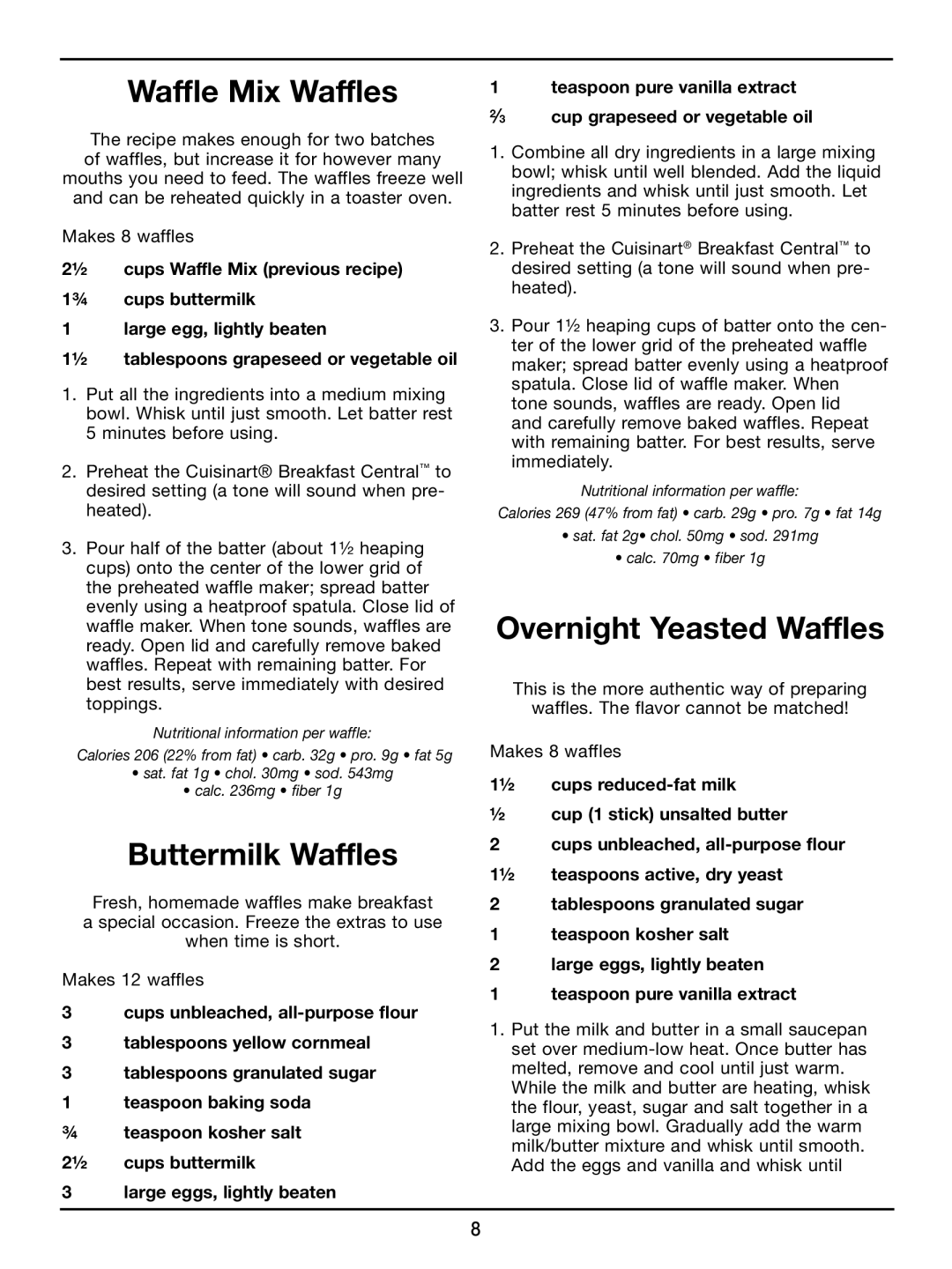 Cuisinart WAF-300 manual Waffle Mix Waffles, Buttermilk Waffles, Overnight Yeasted Waffles 