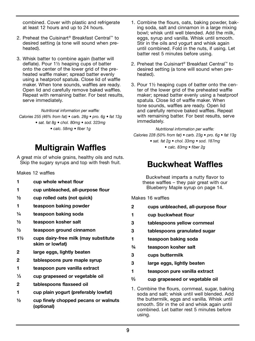 Cuisinart WAF-300 manual Multigrain Waffles, Buckwheat Waffles 