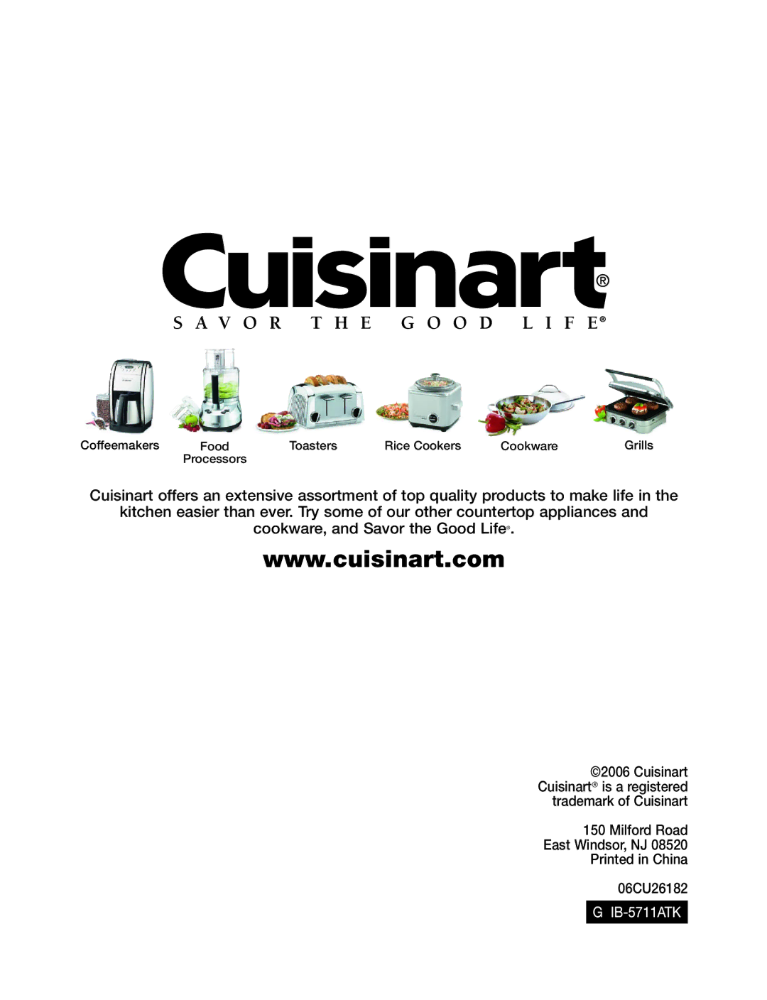 Cuisinart WAF-4B manual Milford Road East Windsor, NJ 06CU26182 