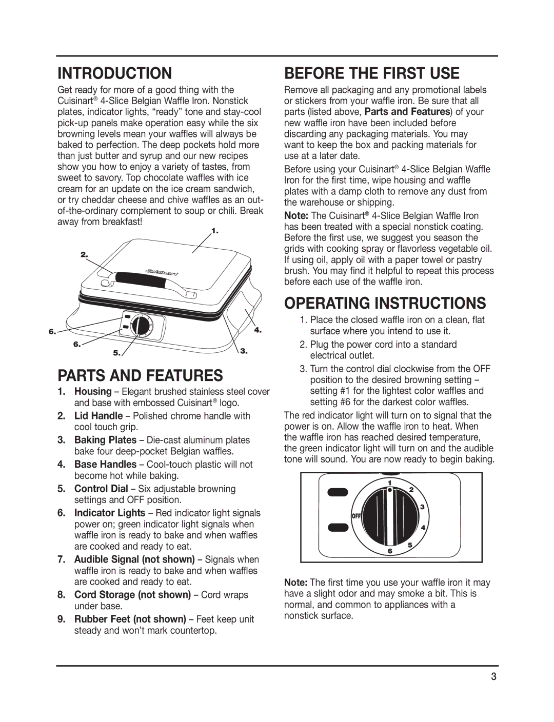 Cuisinart WAF-4B manual Introduction, Parts and Features, Before the First USE, Operating Instructions 