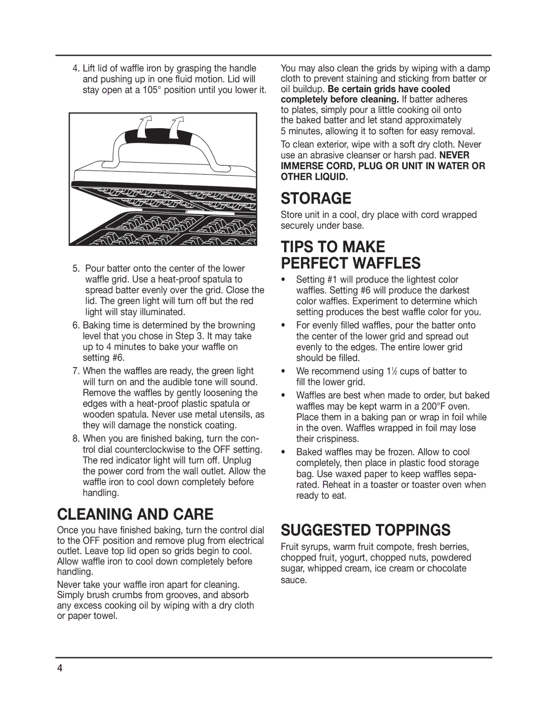 Cuisinart WAF-4B manual Cleaning and Care, Storage, Tips to Make Perfect Waffles, Suggested Toppings 