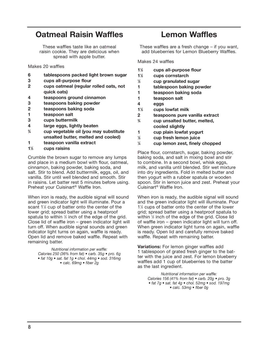 Cuisinart WAF-4B manual Oatmeal Raisin Waffles, Lemon Waffles 