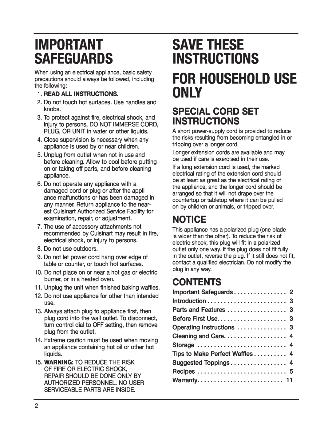 Cuisinart WAF-4B Special Cord Set Instructions, Contents, Safeguards, Save These Instructions, For Household Use Only 