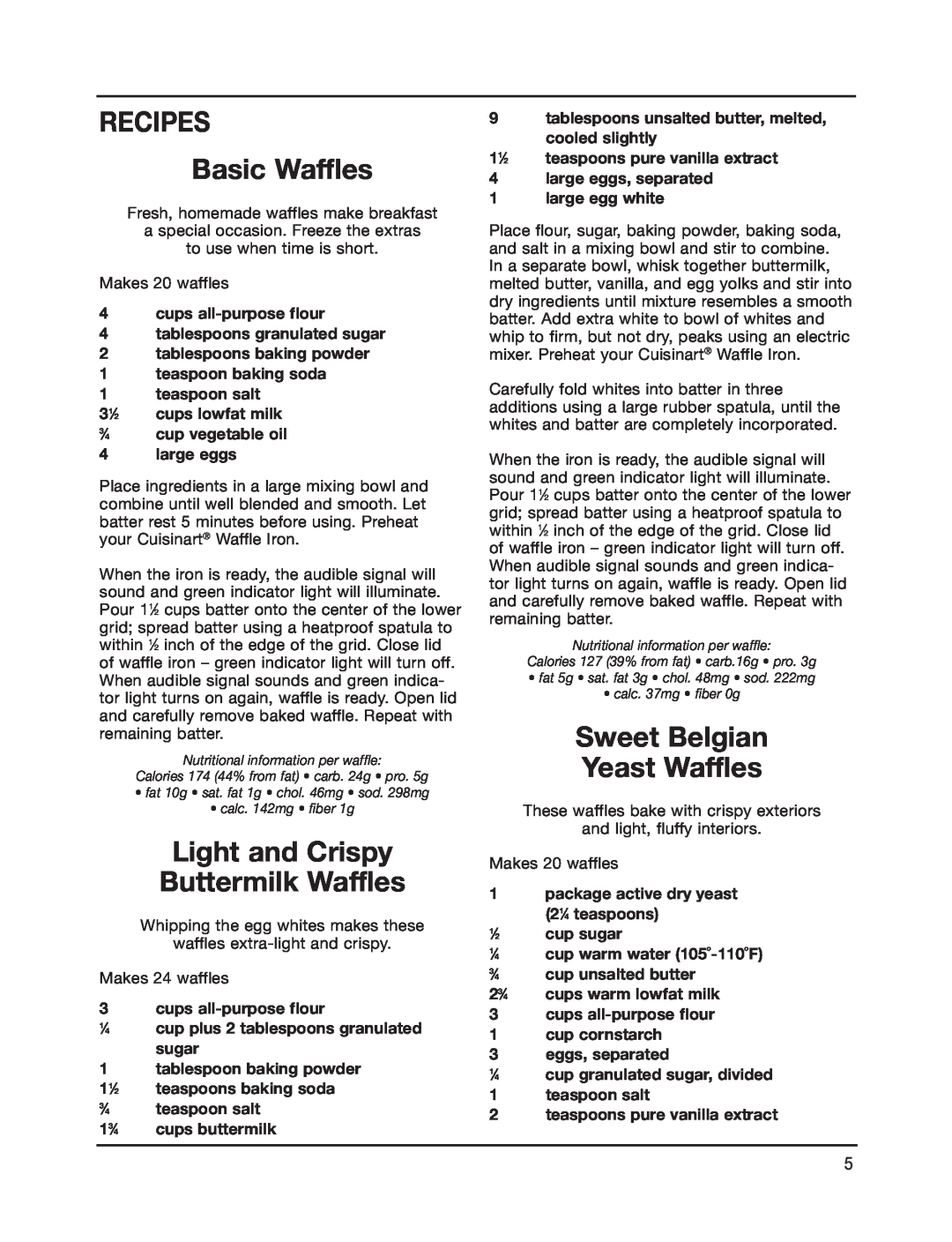 Cuisinart WAF-4B manual RECIPES Basic Waffles, Light and Crispy Buttermilk Waffles, Sweet Belgian Yeast Waffles 