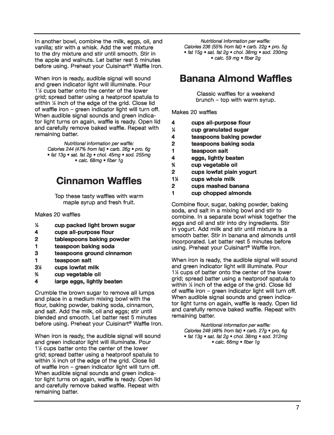 Cuisinart WAF-4B manual Cinnamon Waffles, Banana Almond Waffles 