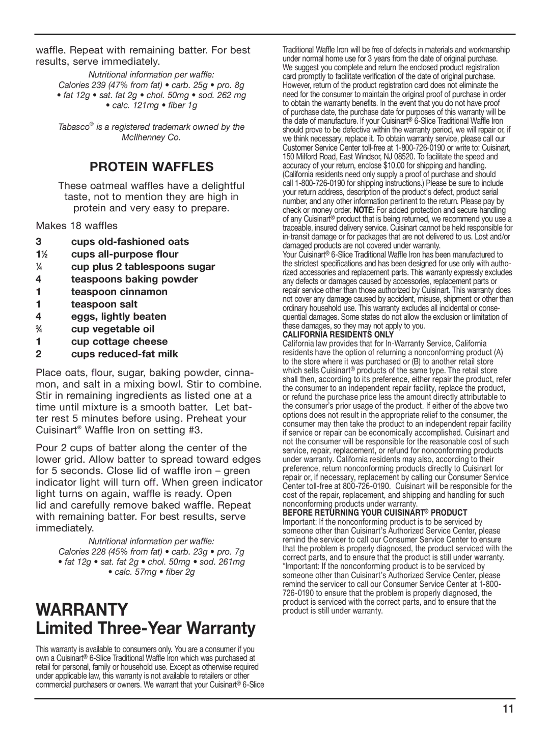 Cuisinart WAF-6 manual Warranty, Protein Waffles 