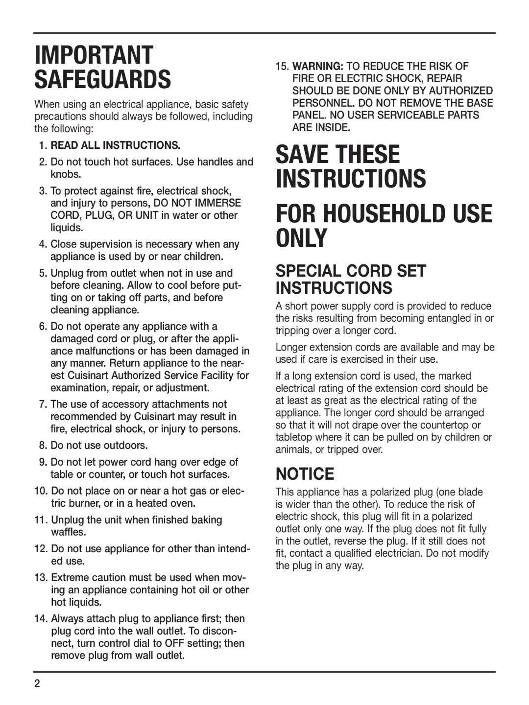 Cuisinart WAF-6 manual Safeguards, Special Cord SET Instructions 