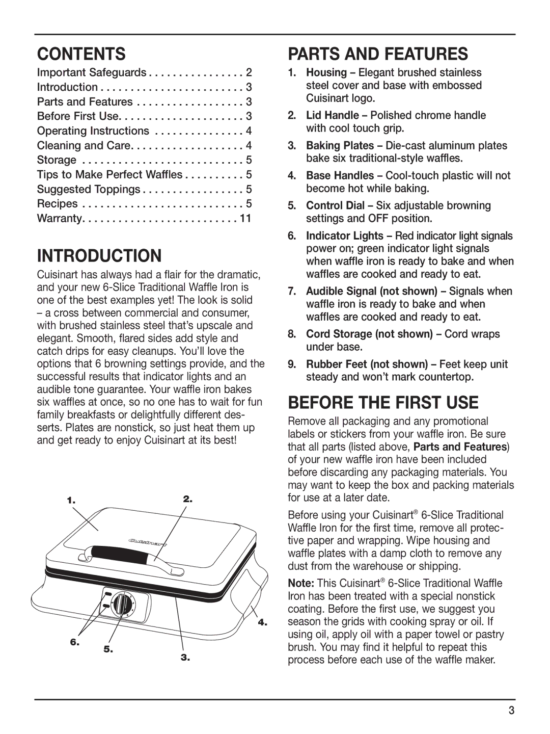 Cuisinart WAF-6 manual Contents Parts and Features, Before the First USE 