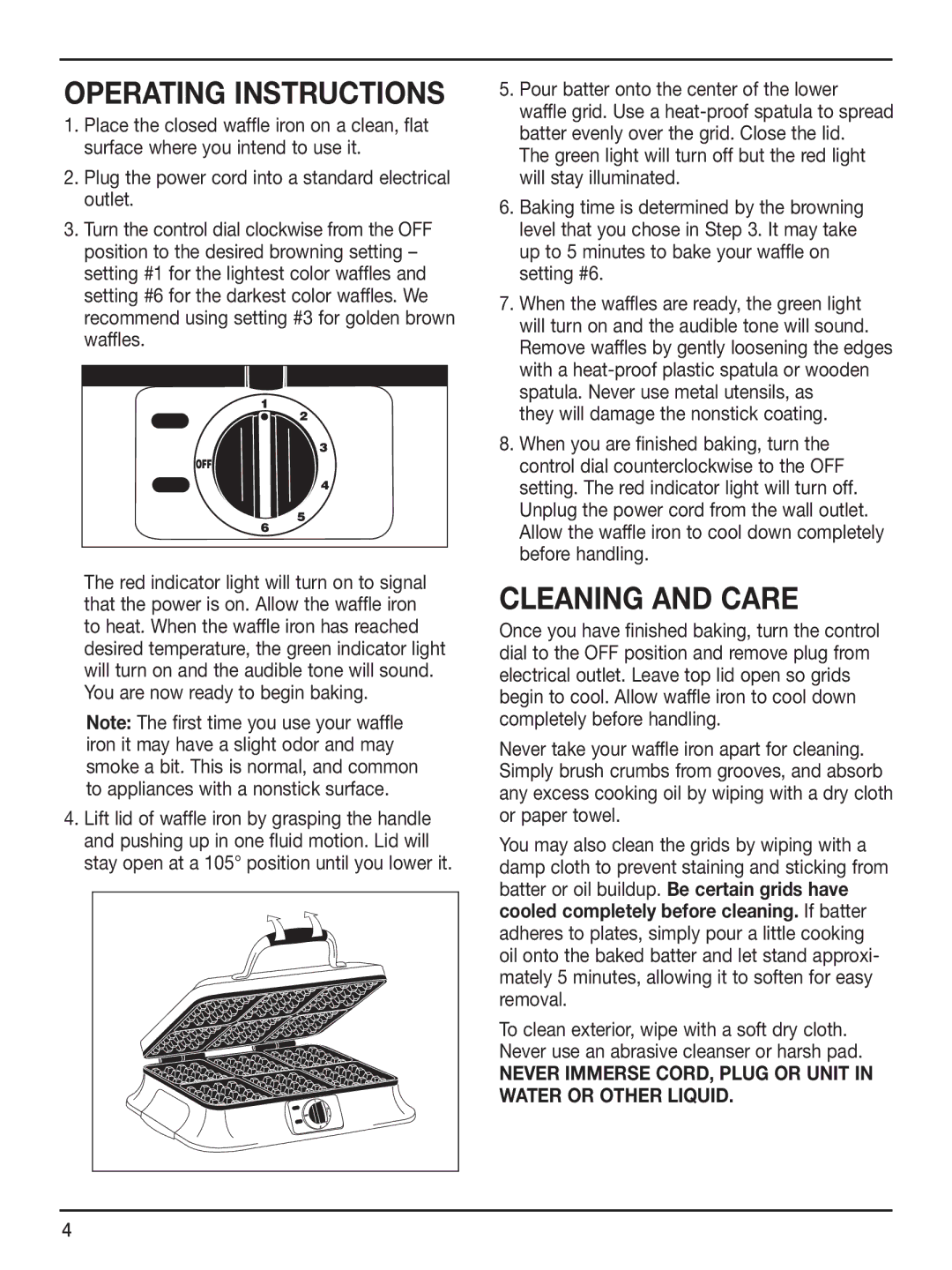 Cuisinart WAF-6 manual Operating Instructions, Cleaning and Care 