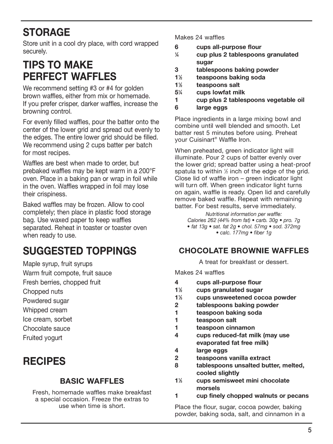 Cuisinart WAF-6 manual Tips to Make Perfect Waffles, Suggested Toppings, Basic Waffles, Chocolate Brownie Waffles 