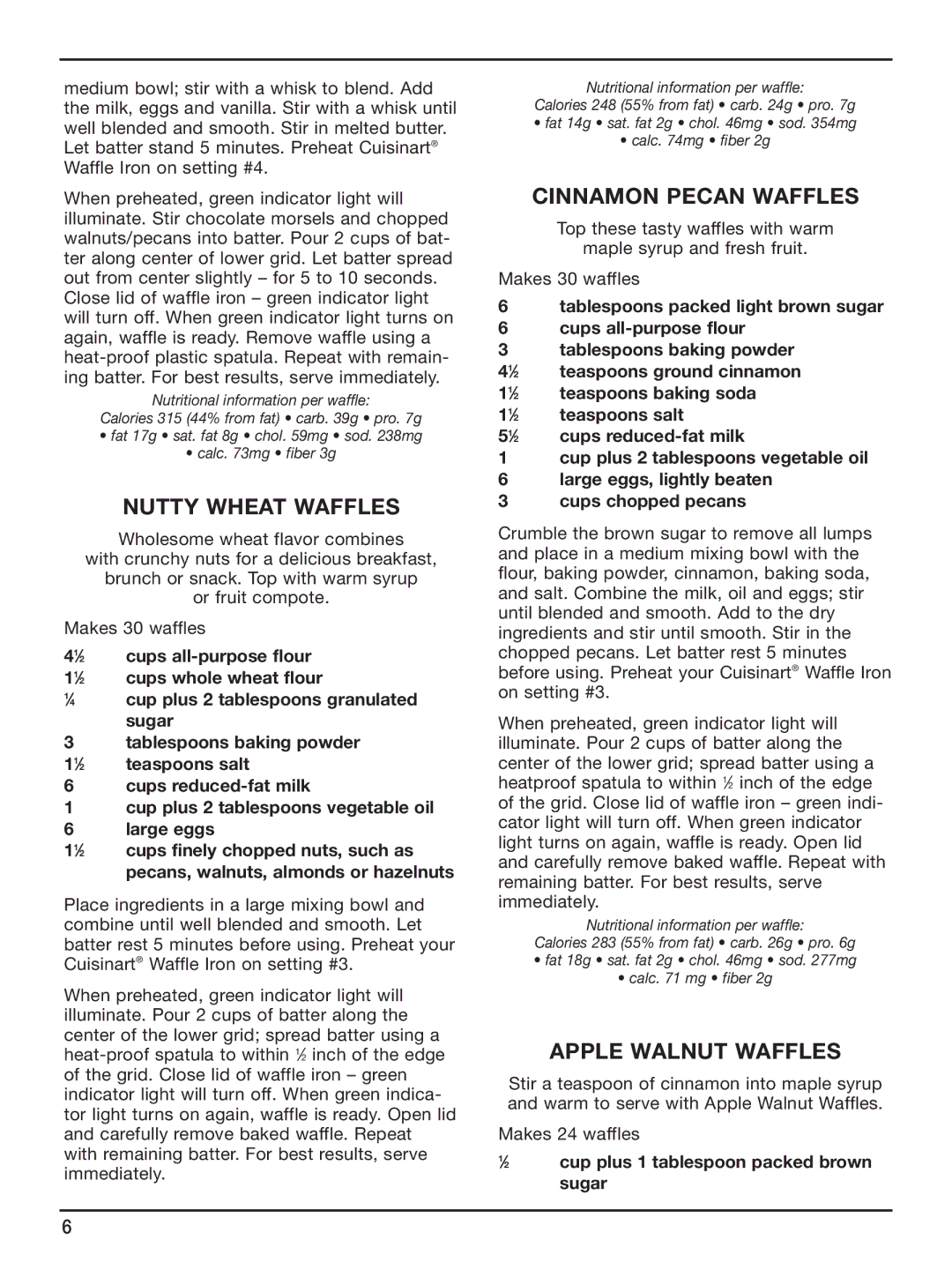 Cuisinart WAF-6 manual Nutty Wheat Waffles, Cinnamon Pecan Waffles, Apple Walnut Waffles 