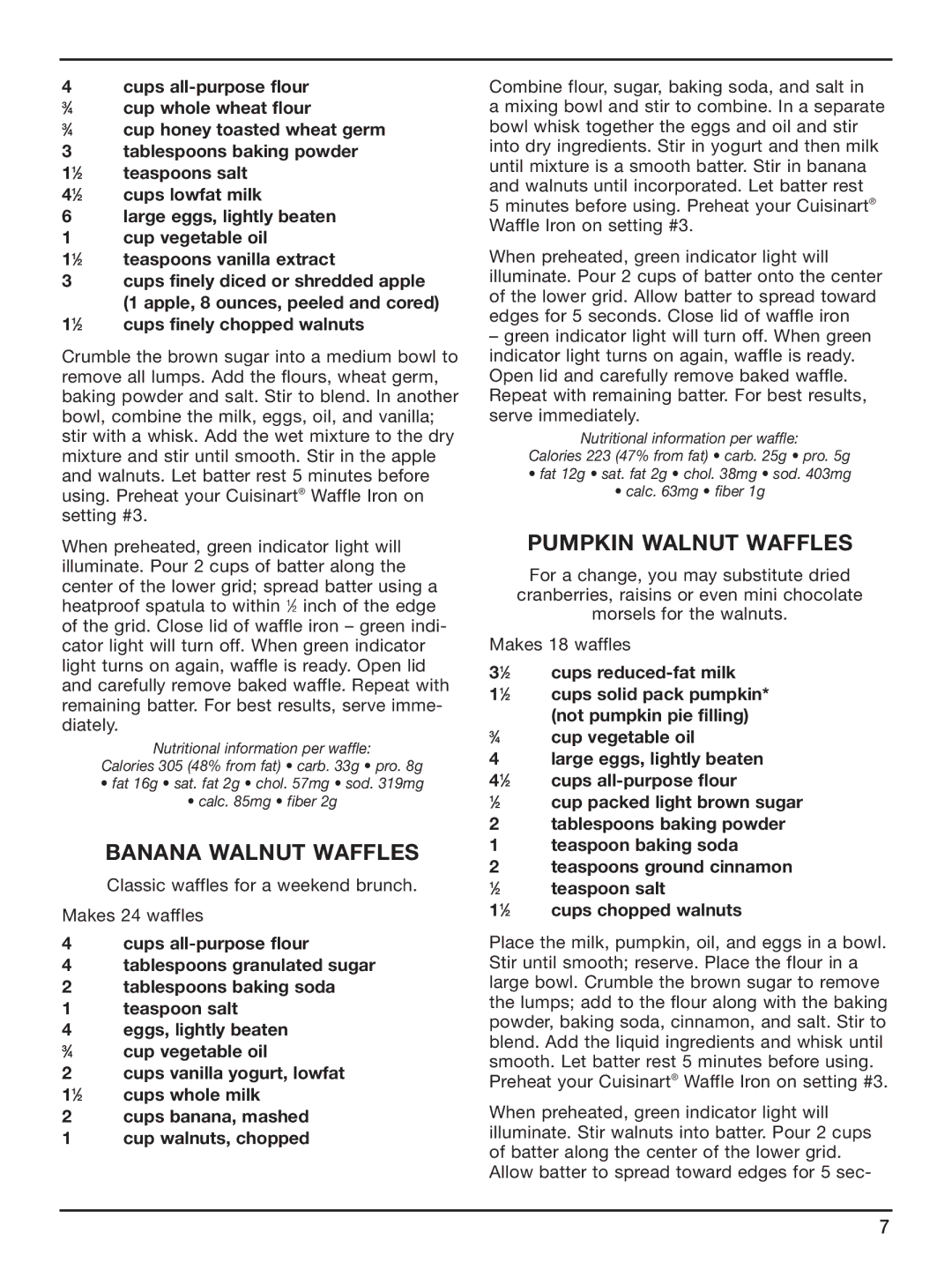 Cuisinart WAF-6 manual Banana Walnut Waffles, Pumpkin Walnut Waffles 