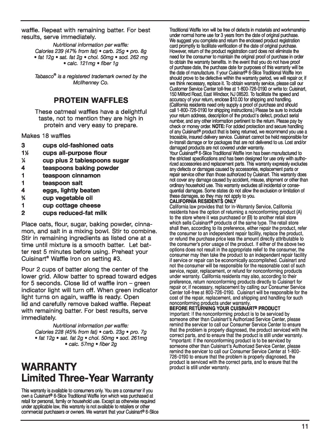 Cuisinart WAF-6 manual Limited Three-YearWarranty, Protein Waffles 