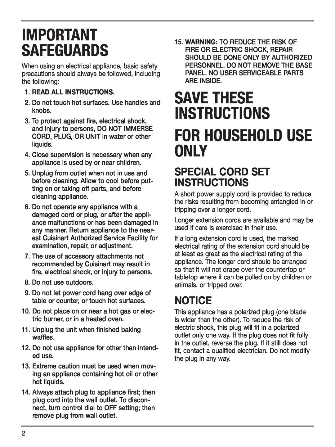 Cuisinart WAF-6 manual Special Cord Set Instructions, Safeguards, Save These Instructions, For Household Use Only 