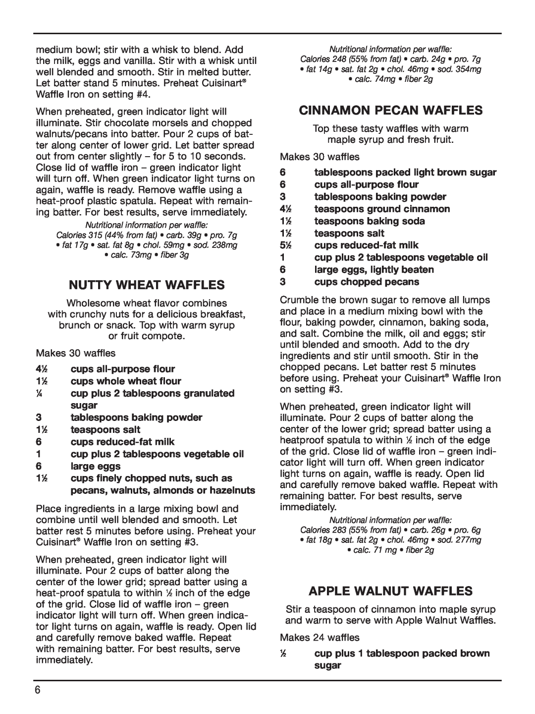 Cuisinart WAF-6 manual Nutty Wheat Waffles, Cinnamon Pecan Waffles, Apple Walnut Waffles 