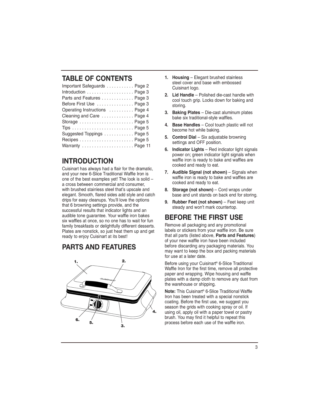 Cuisinart WAF-6C manual Table of Contents, Introduction, Parts and Features, Before the First USE 