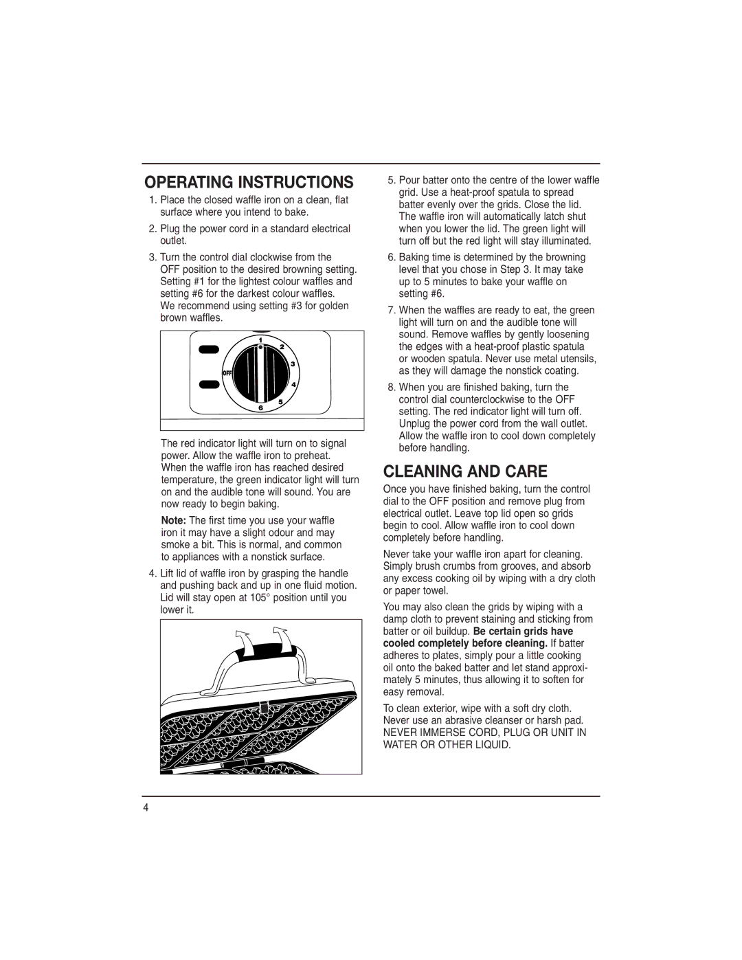 Cuisinart WAF-6C manual Operating Instructions, Cleaning and Care, We recommend using setting #3 for golden brown waffles 