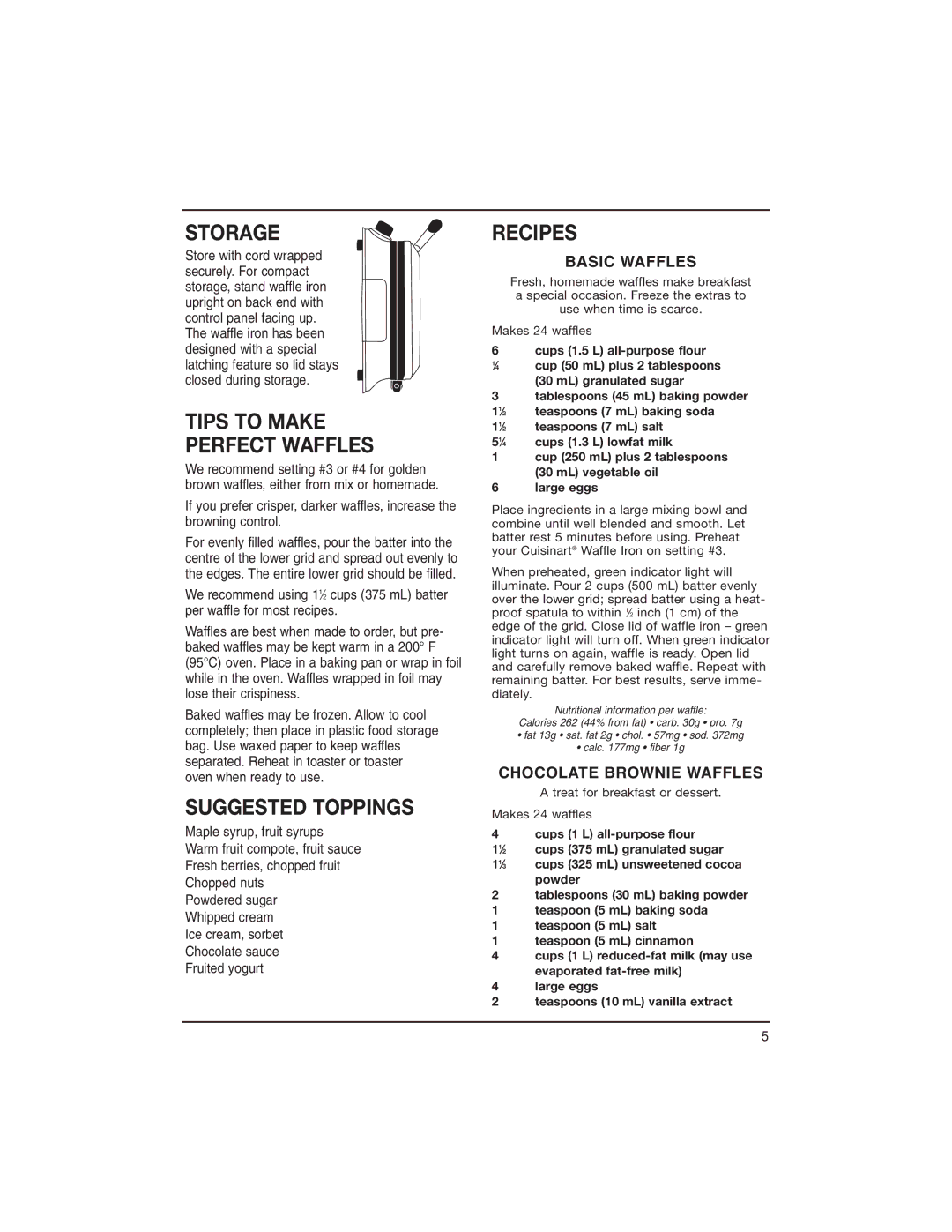 Cuisinart WAF-6C manual Storage, Tips to Make Perfect Waffles, Suggested Toppings, Recipes 