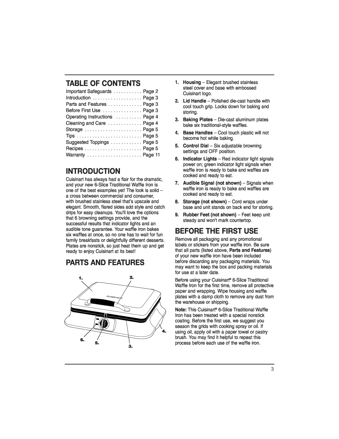 Cuisinart WAF-6C manual Table Of Contents, Introduction, Parts And Features, Before The First Use 