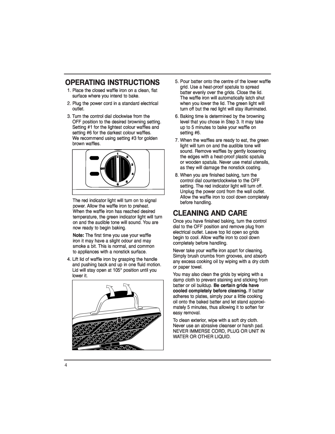 Cuisinart WAF-6C manual Operating Instructions, Cleaning And Care 