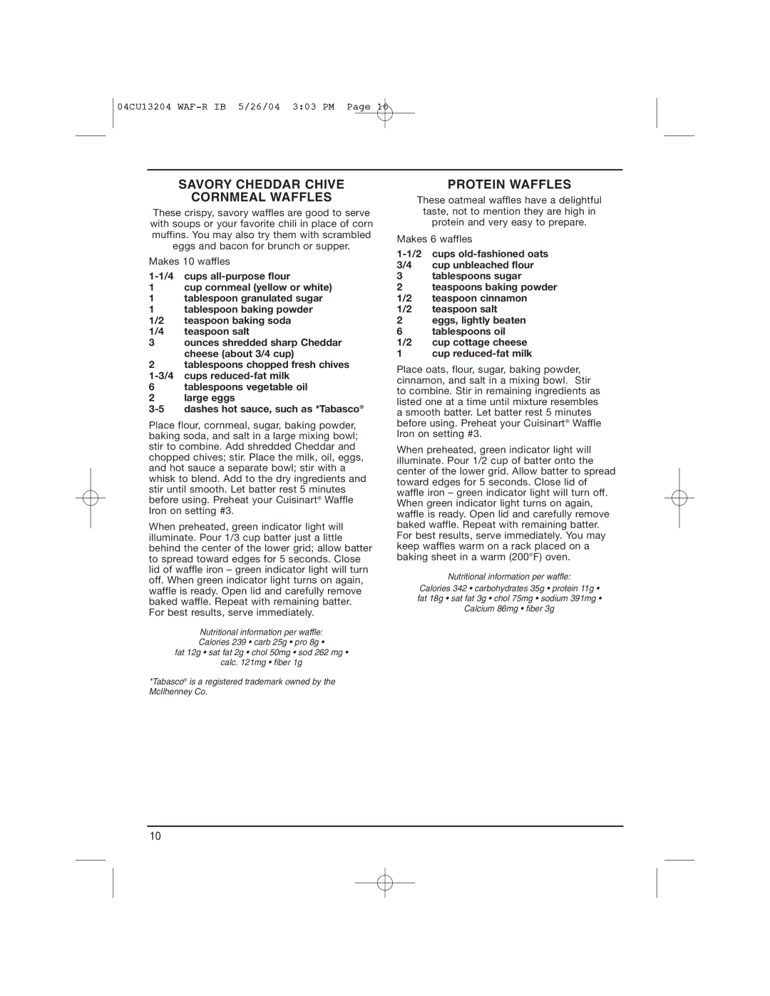 Cuisinart WAF-R manual Savory Cheddar Chive Cornmeal Waffles, Protein Waffles 