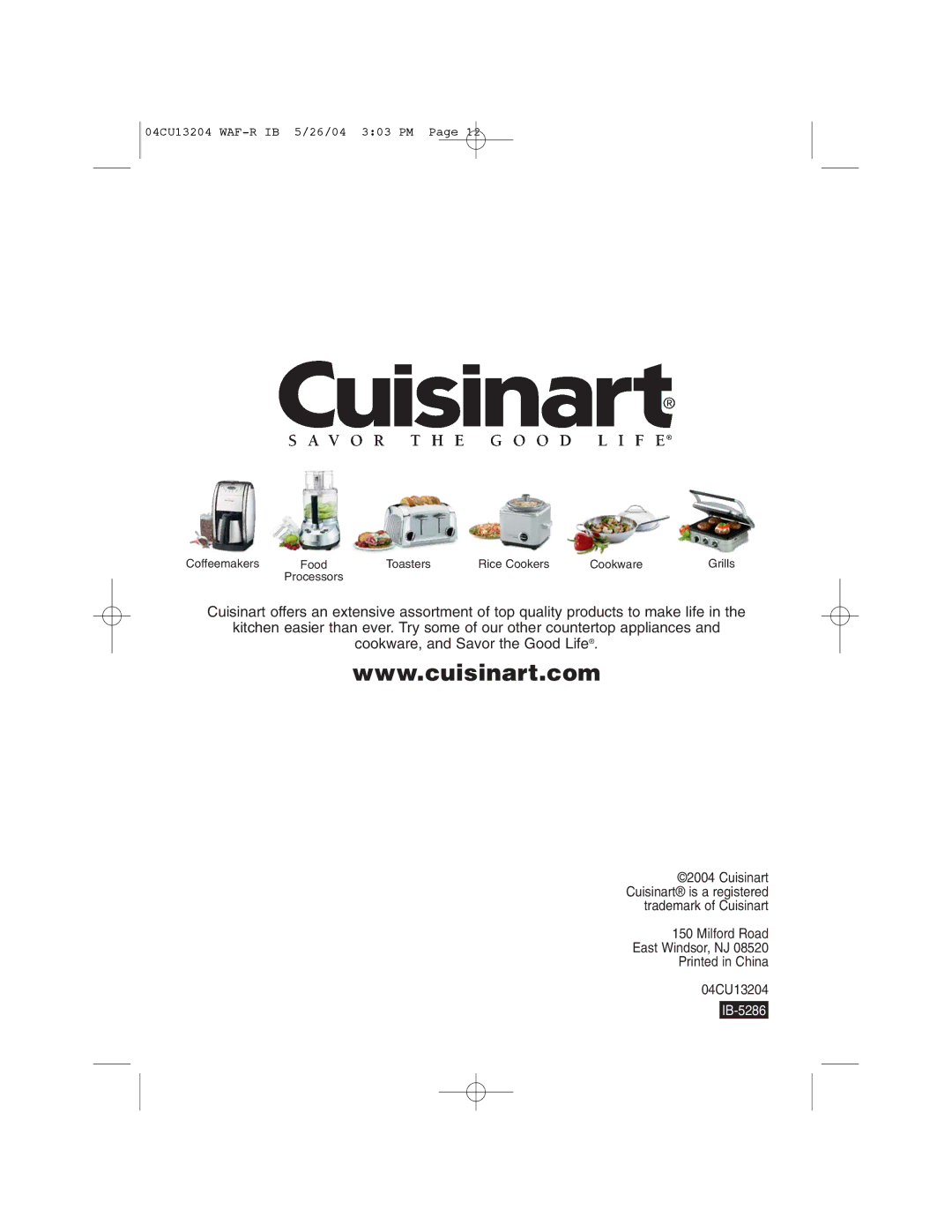 Cuisinart WAF-R manual Milford Road East Windsor, NJ 04CU13204 