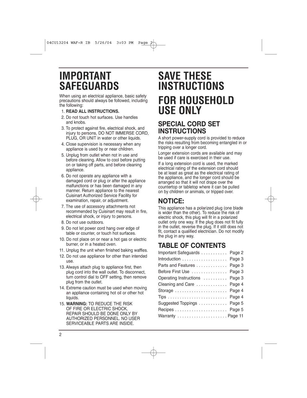 Cuisinart WAF-R manual Special Cord SET Instructions, Table of Contents 