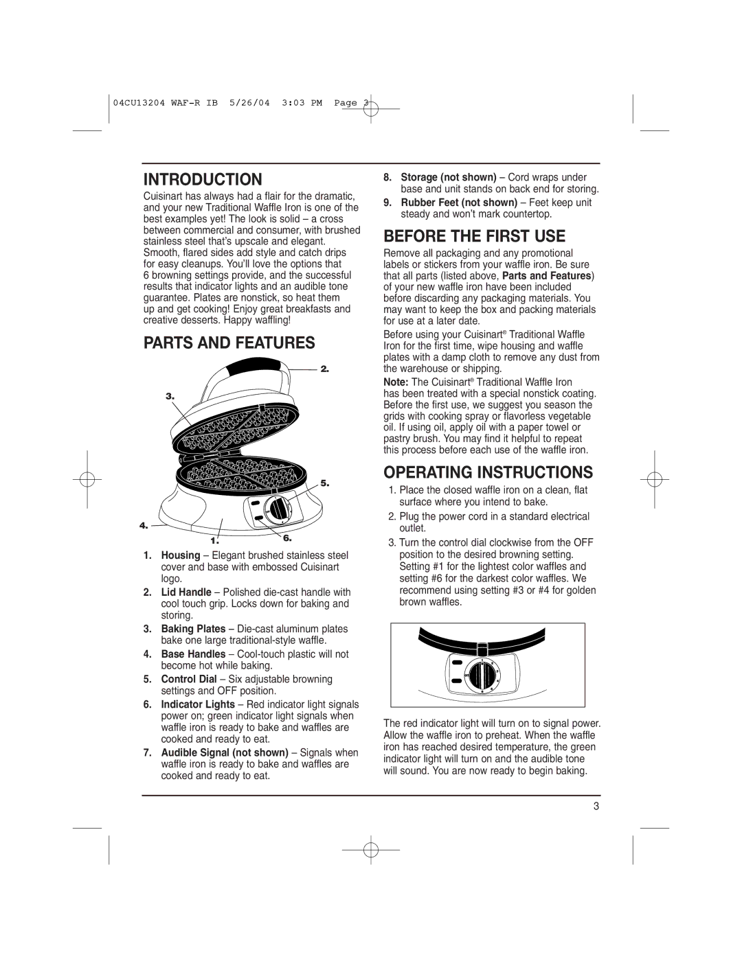 Cuisinart WAF-R manual Introduction, Parts and Features, Before the First USE, Operating Instructions 