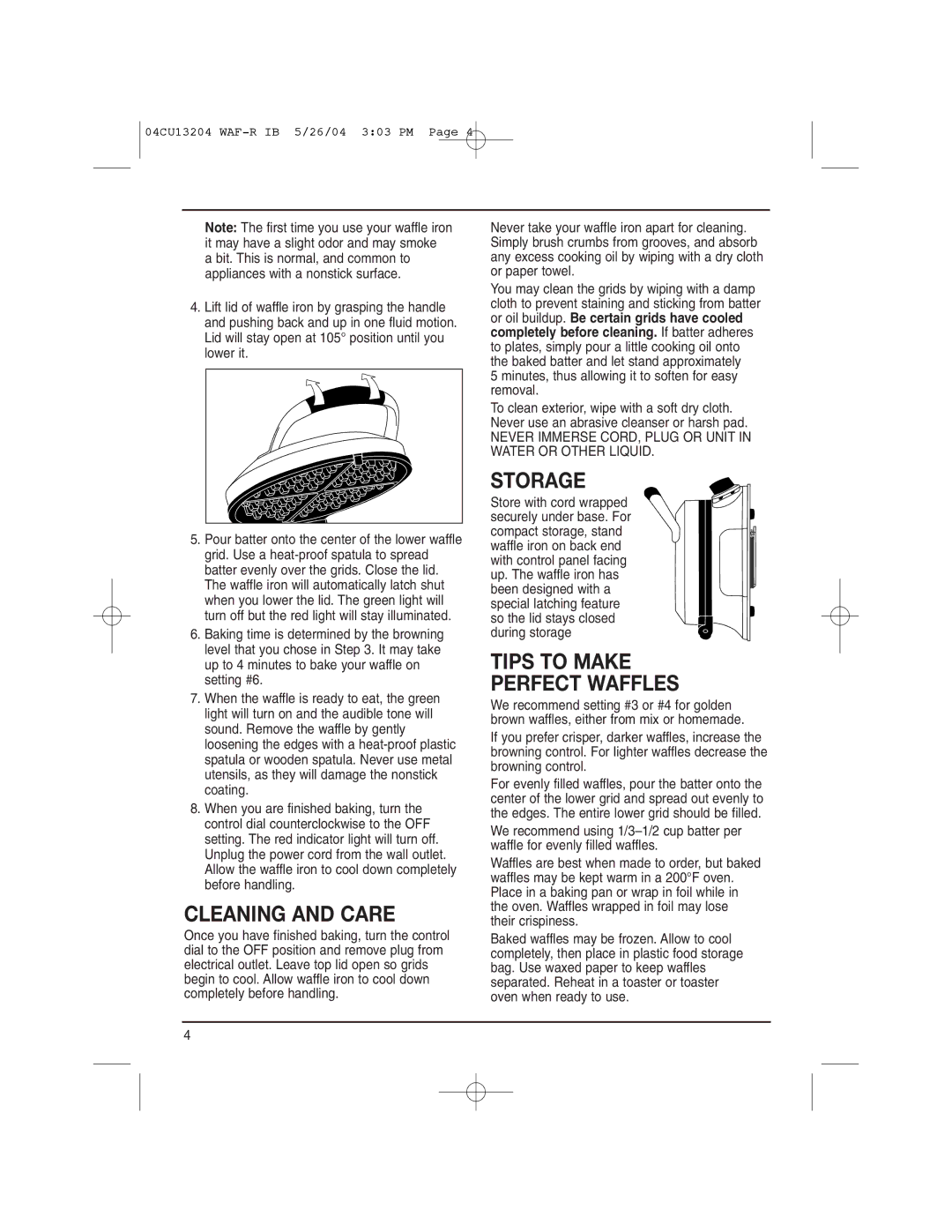 Cuisinart WAF-R manual Cleaning and Care, Storage, Tips to Make Perfect Waffles 