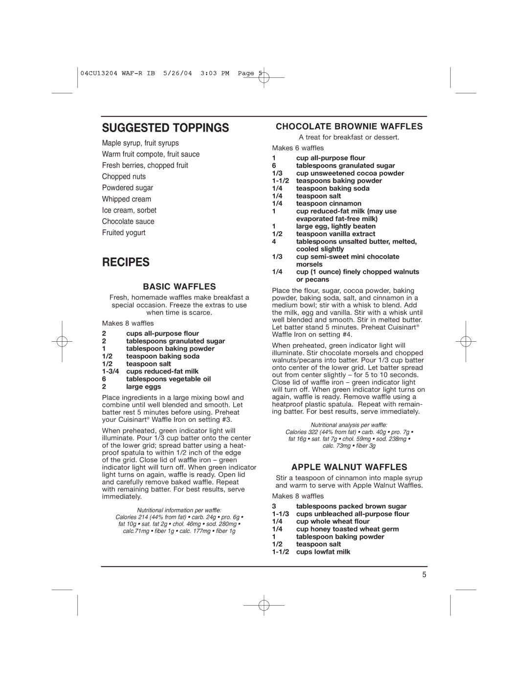 Cuisinart WAF-R manual Suggested Toppings, Recipes, Basic Waffles, Chocolate Brownie Waffles, Apple Walnut Waffles 