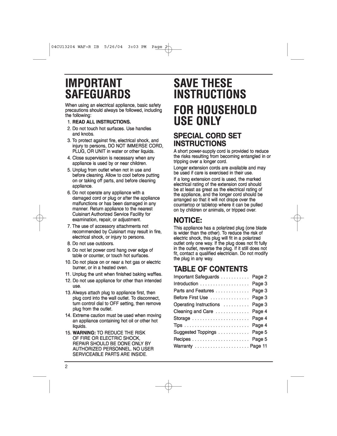 Cuisinart WAF-R manual Special Cord Set Instructions, Table Of Contents, Safeguards, Save These Instructions 