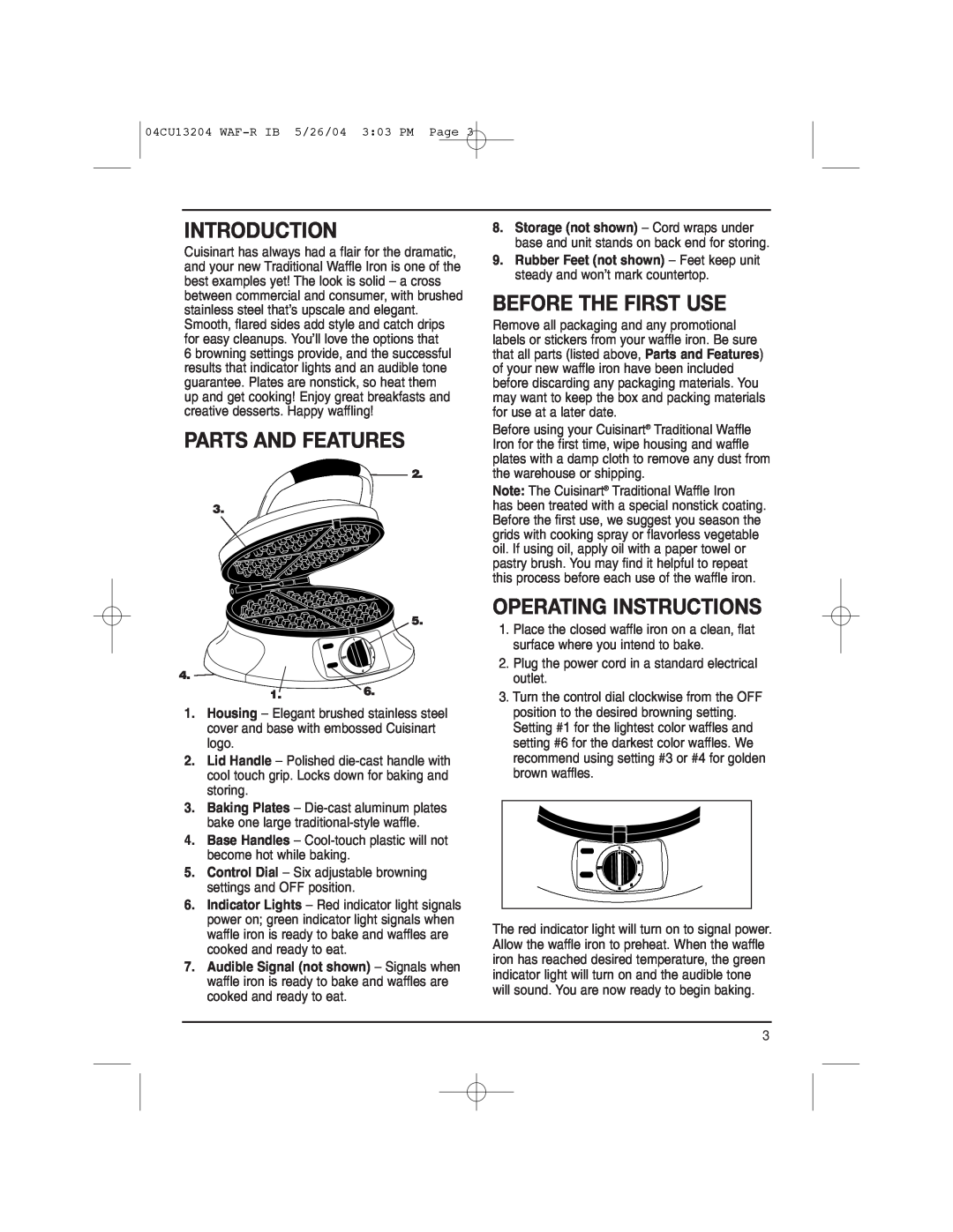 Cuisinart WAF-R manual Introduction, Parts And Features, Before The First Use, Operating Instructions 