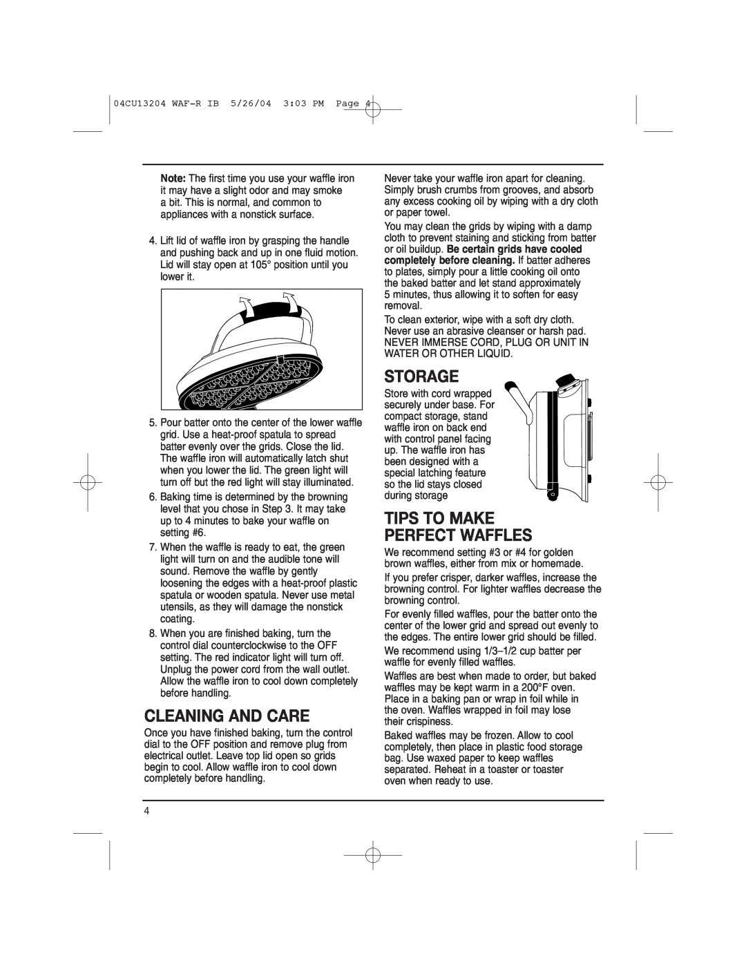 Cuisinart WAF-R manual Cleaning And Care, Storage, Tips To Make Perfect Waffles 