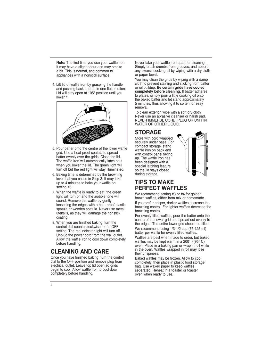 Cuisinart WAF-RC manual Cleaning and Care, Storage, Tips to Make Perfect Waffles 