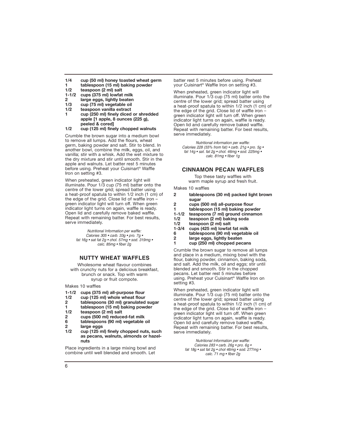 Cuisinart WAF-RC manual Nutty Wheat Waffles, Cinnamon Pecan Waffles 