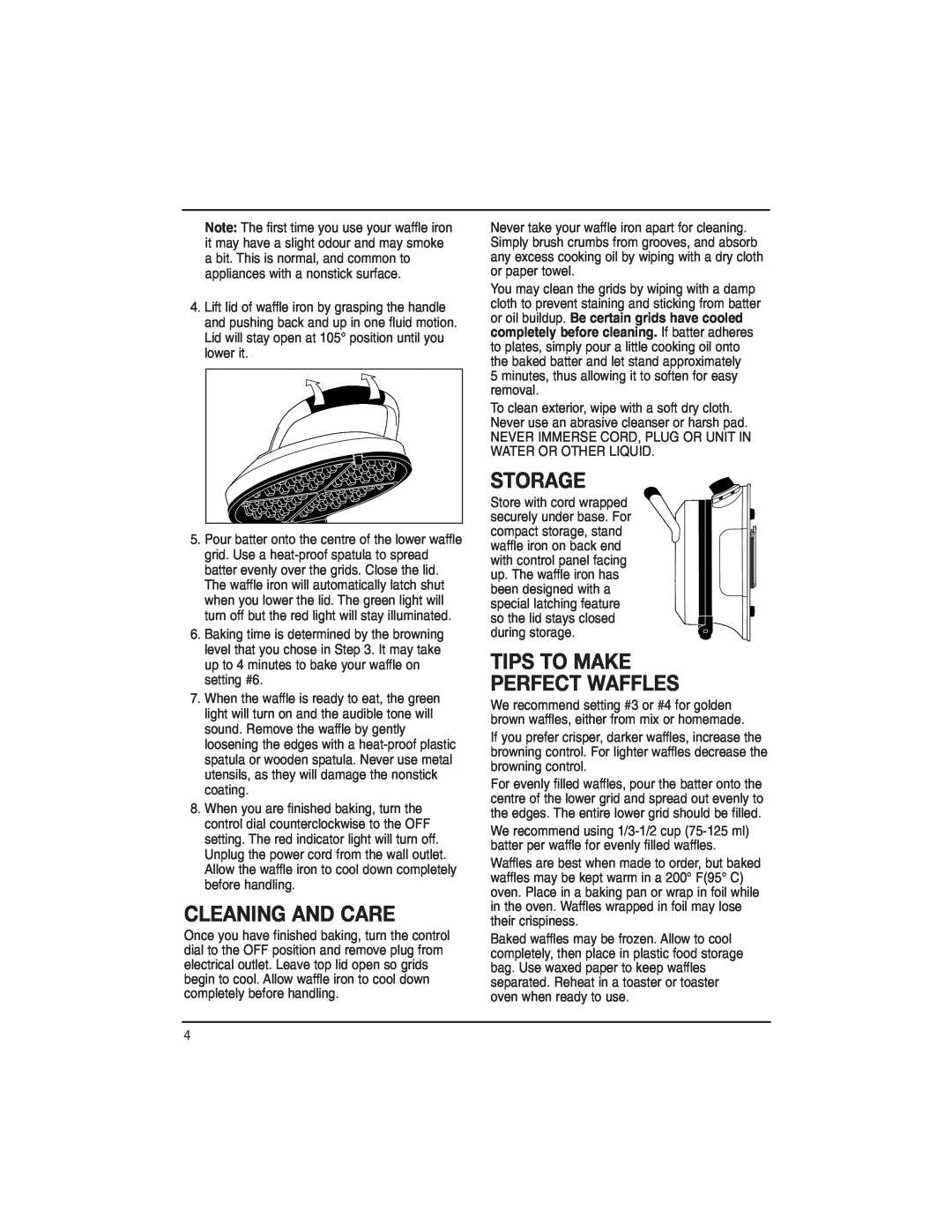 Cuisinart WAF-RC manual Cleaning And Care, Storage, Tips To Make Perfect Waffles 
