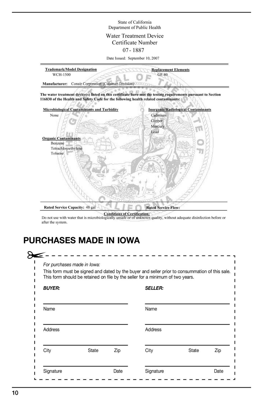 Cuisinart WCH-1500 manual Purchases Made in Iowa 