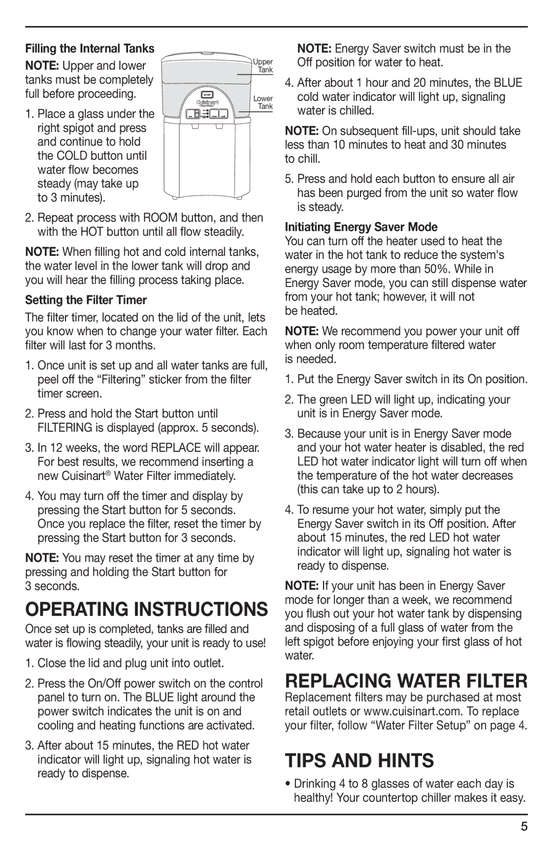 Cuisinart WCH-1500 manual Replacing Water Filter, Filling the Internal Tanks, Initiating Energy Saver Mode 